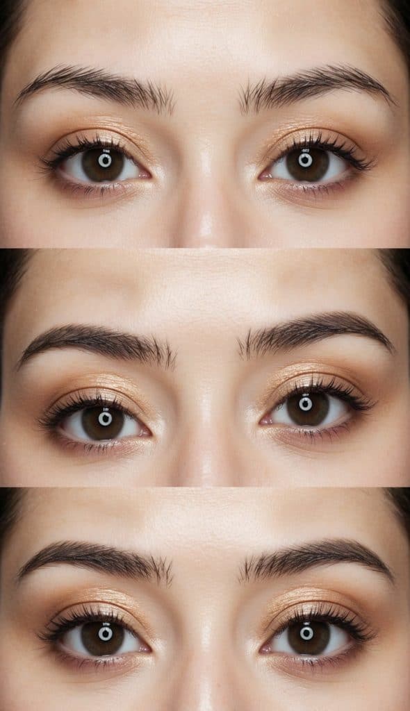 A close-up triptych showing a person's eyes with golden eyeshadow, defined eyebrows, and long eyelashes.