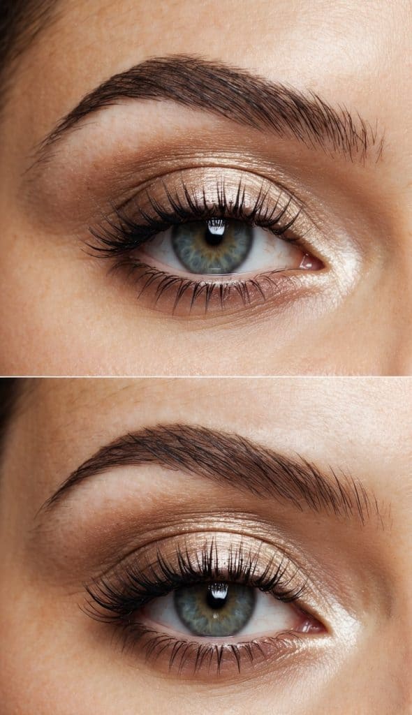 Close-up images of an eye with metallic gold eyeshadow, emphasizing thick, dark eyelashes and well-groomed eyebrows.