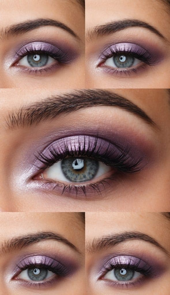 Close-up of a person's eye with purple and silver eyeshadow, showcasing a bold, glamorous makeup look with emphasized eyelashes.