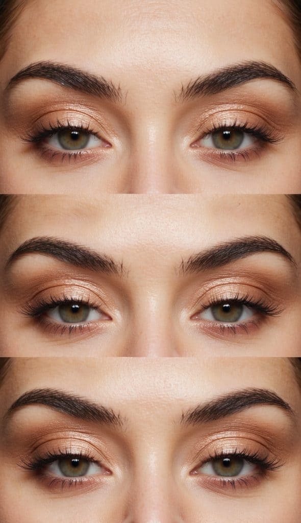 Close-up of eyes with different makeup looks, featuring well-defined eyebrows and shimmery eyeshadow in natural brown shades.