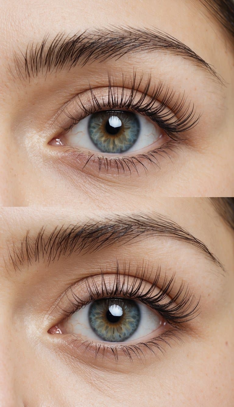 Close-up image of a human eye before and after eyelash enhancement, showing longer and fuller eyelashes in the second image.