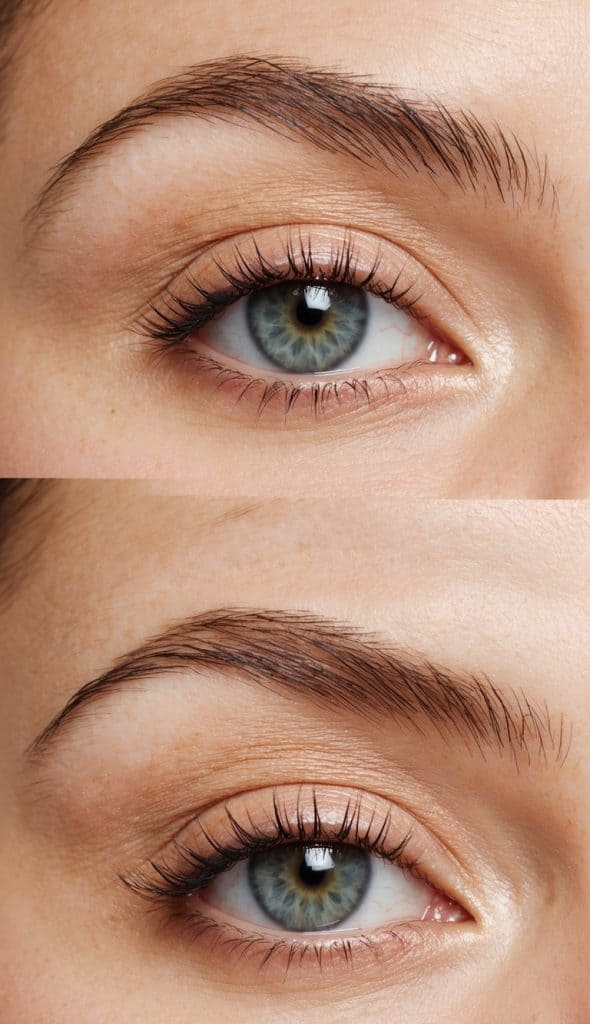 Close-up of an eye with well-defined eyelashes and eyebrows, shown in two nearly identical images stacked vertically.