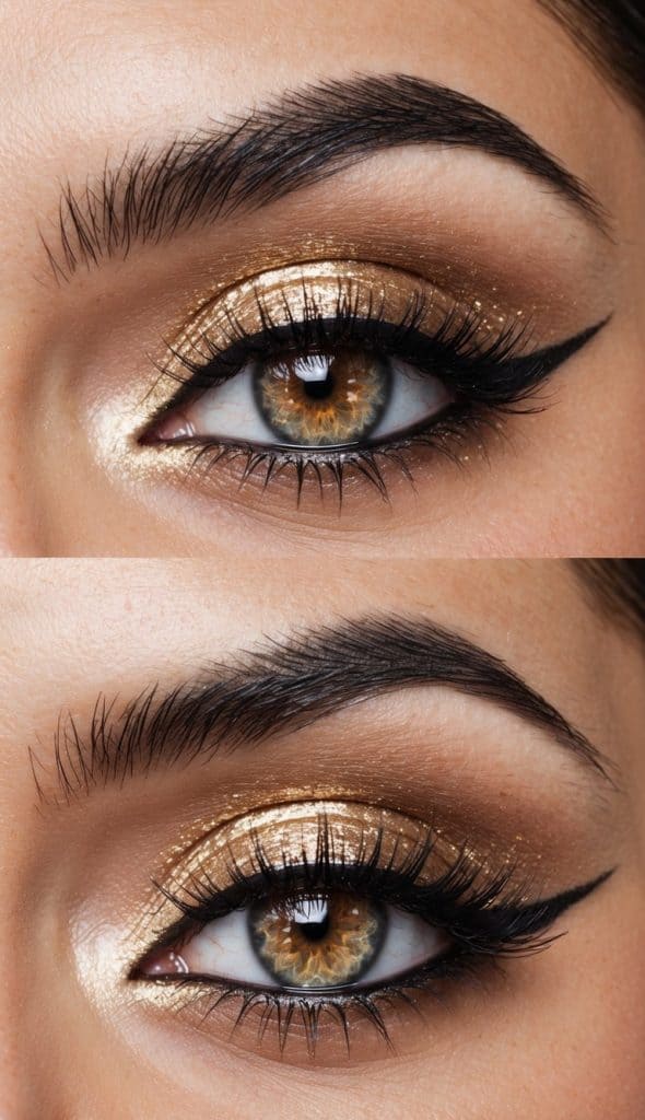Close-up images of an eye with a dramatic gold eye makeup and thick black eyeliner, highlighting the richly colored iris and defined eyebrows.