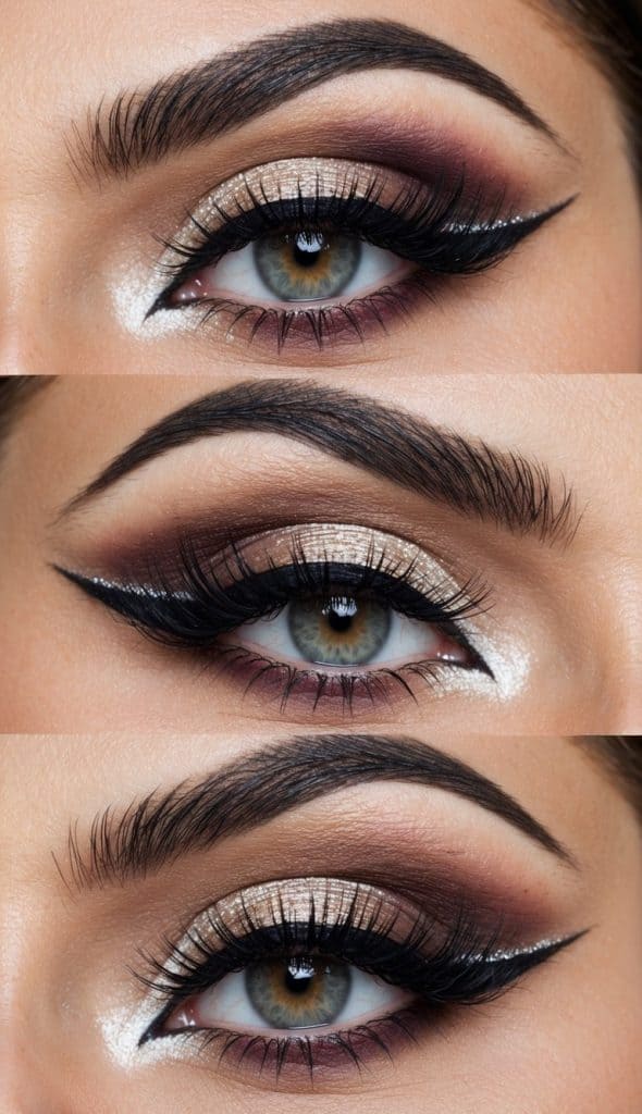 Close-up of an eye with bold makeup, featuring shimmering eyeshadow, dramatic winged eyeliner, and full lashes.