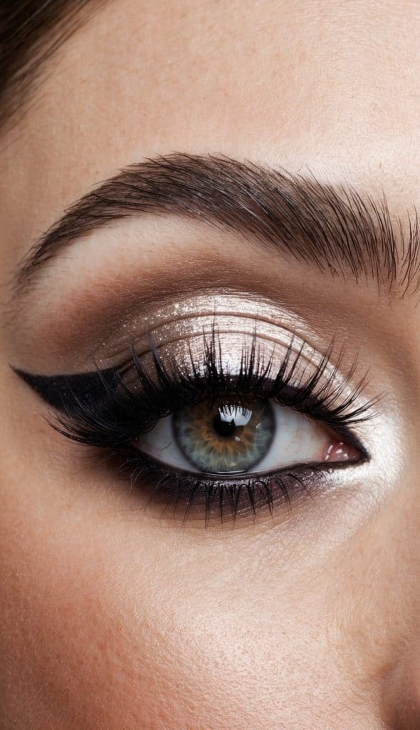Close-up of an eye with dramatic makeup, featuring bold eyeliner, long lashes, and shimmery eyeshadow, framed by a well-groomed eyebrow.
