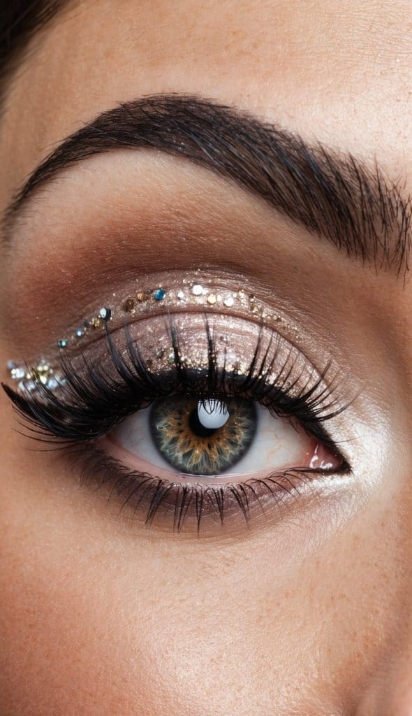 Close-up of a human eye with elaborate makeup including glittery eyeshadow and pearl-like embellishments along the eyelid, framed by thick, dark eyelashes and an arched eyebrow.
