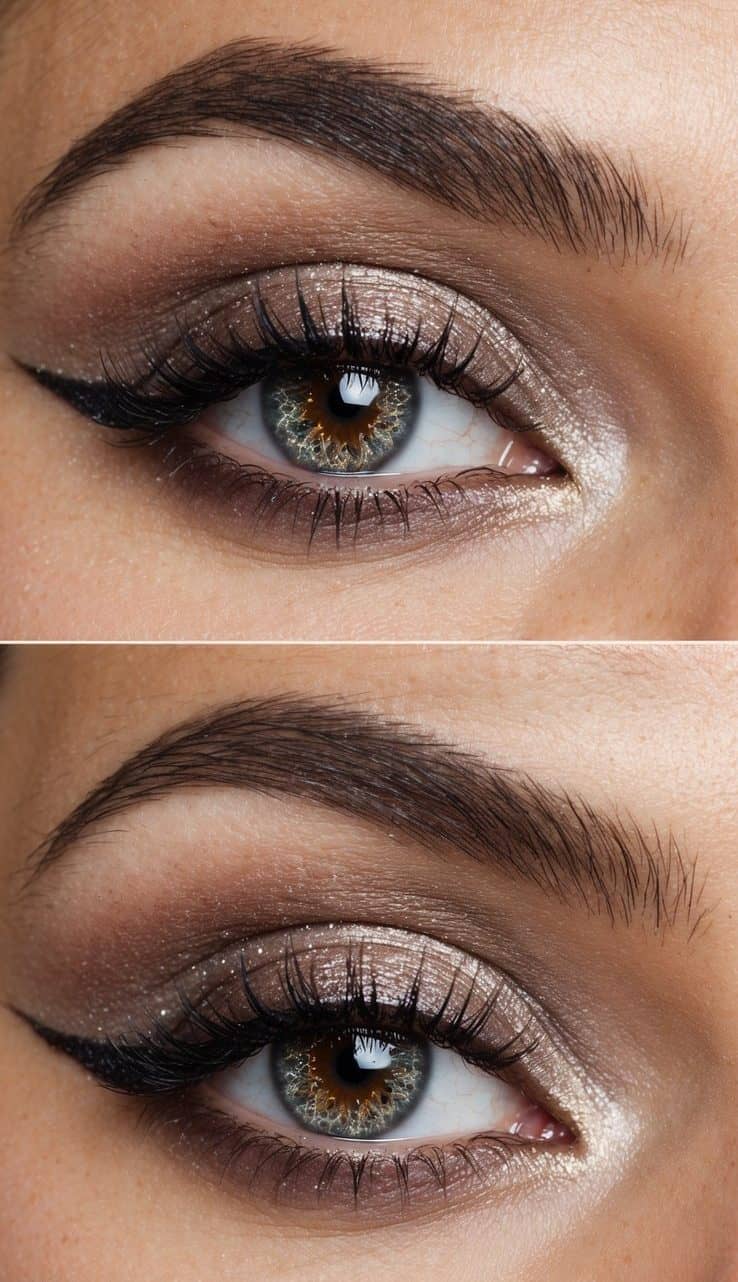 Close-up of an eye with brown eyeshadow and winged eyeliner, showcasing long eyelashes and well-defined eyebrows.