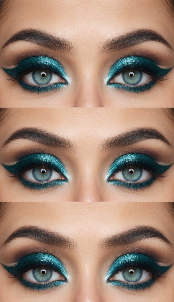 A close-up of blue eyes with bold teal eye makeup, including shimmering eyeshadow and dramatic eyeliner, shown in three different views.
