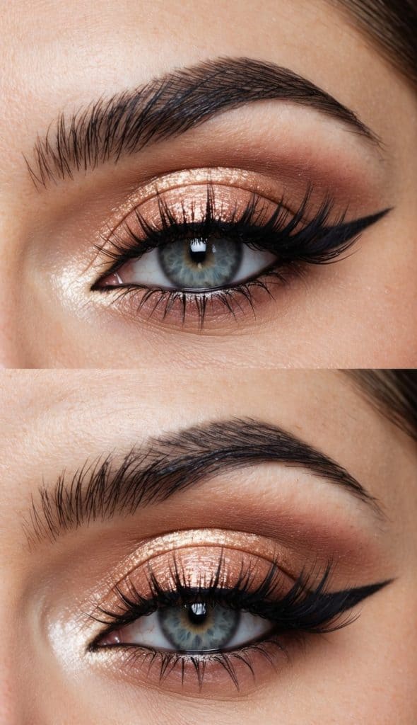 Close-up of an eye with metallic copper eye shadow, defined eyebrows, and black winged eyeliner.