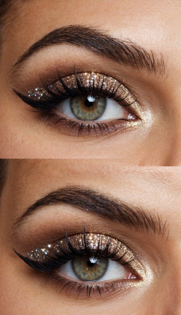 Close-up of an eye with dramatic makeup featuring gold glitter eyeshadow, winged eyeliner, and voluminous lashes.