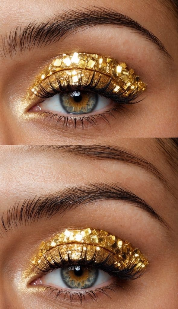 Close-up of a person's eye with vibrant gold glitter makeup applied to the eyelids and upper eyelashes.
