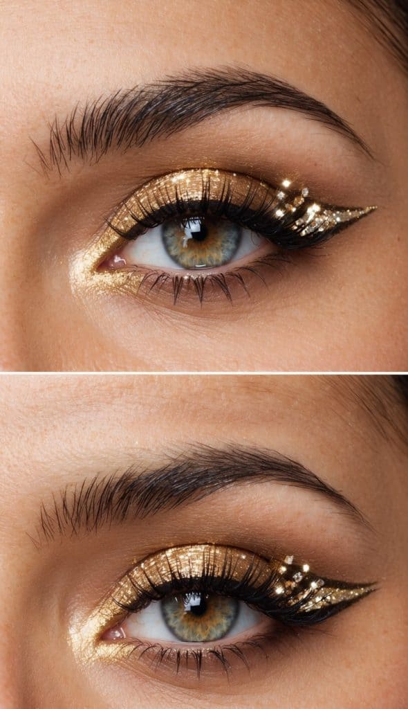 Close-up of an eye with gold and black glittery eyeshadow and winged eyeliner, accentuated by long eyelashes.