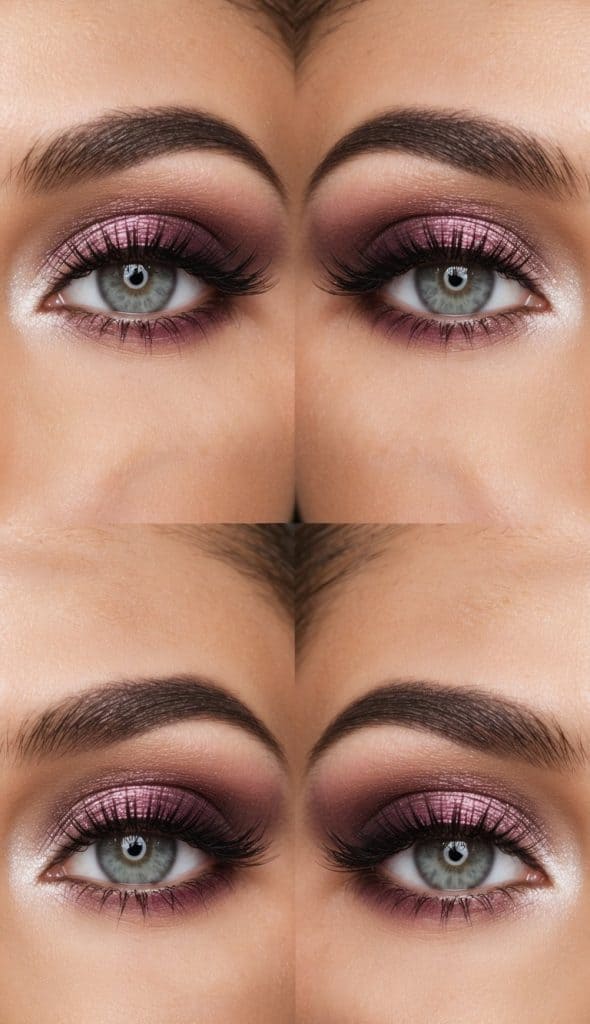 A close-up view of four identical images of eyes with gray-blue irises, featuring dramatic makeup. The eyelids are adorned with shimmering pink and purple eyeshadow, black eyeliner, and voluminous black lashes, with sparkling white highlights at the inner corners.