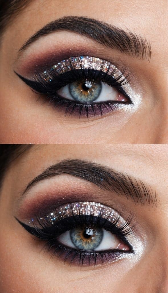 Close-up of two eyes with sparkling, glittery eyeshadow and black eyeliner, highlighting blue irises and dramatic eyelashes.