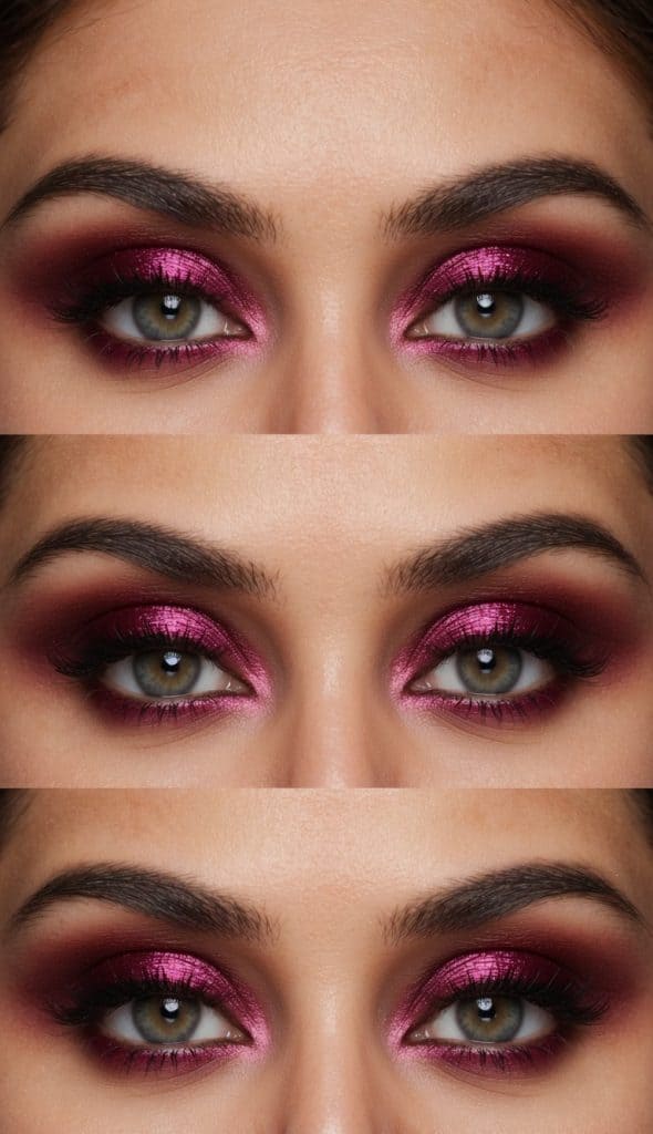 Close-up images showing three different angles of a woman's eyes with vibrant pink shimmery eyeshadow and dark eyeliner, enhancing her green eyes and thick eyebrows.