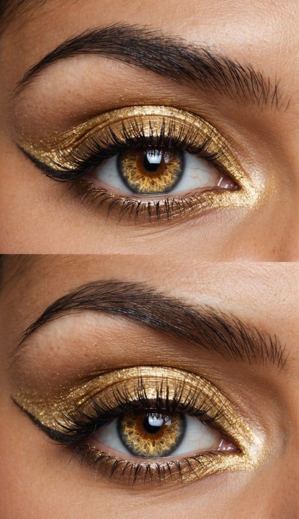 Close-up of a human eye adorned with metallic gold eyeshadow, featuring thick eyeliner and defined lashes, showcasing a vibrant amber-colored iris.