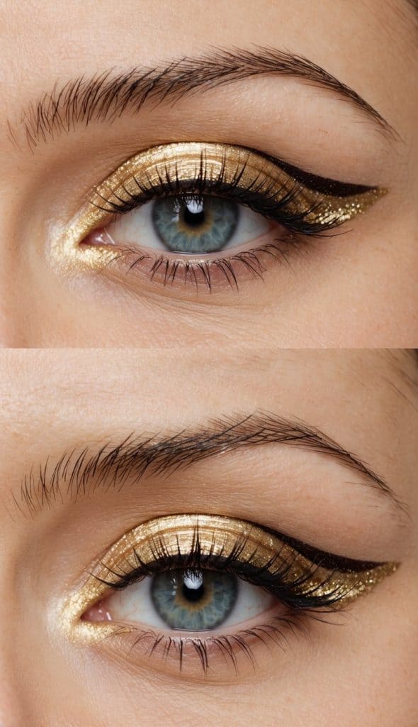 Close-up of an eye with gold metallic eyeshadow and winged black eyeliner, highlighting the blue iris and detailed eyebrow above.