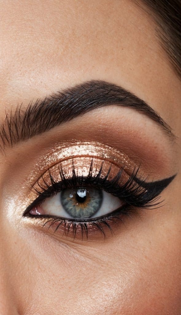 Close-up of a woman's eye with shimmering copper eyeshadow, black eyeliner, and thick lashes.