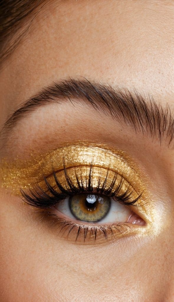 Close-up of an eye with golden glitter eyeshadow and long eyelashes; the eyebrow is well-groomed above.