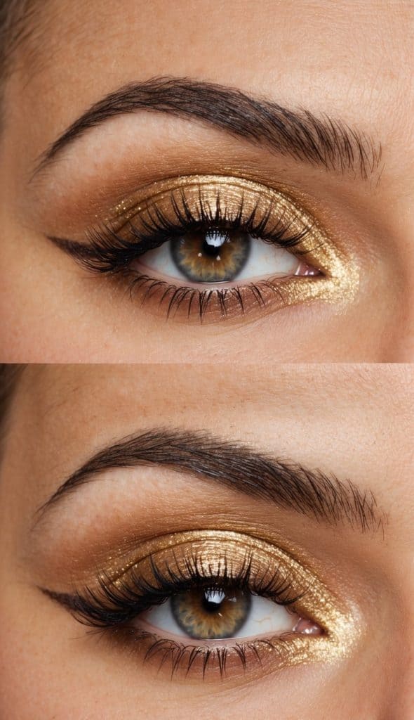 Close-up of two eyes with gold glitter eyeshadow and black eyeliner, emphasizing the lashes and well-groomed eyebrows.