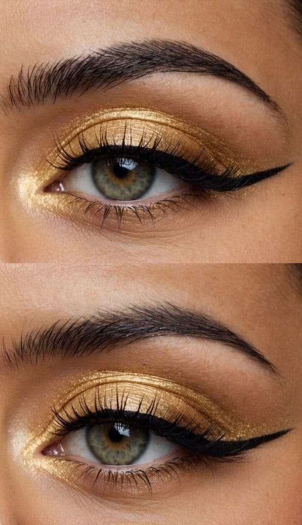 Close-up of an eye with gold eyeshadow and black eyeliner, showcasing well-defined eyebrows and lashes.