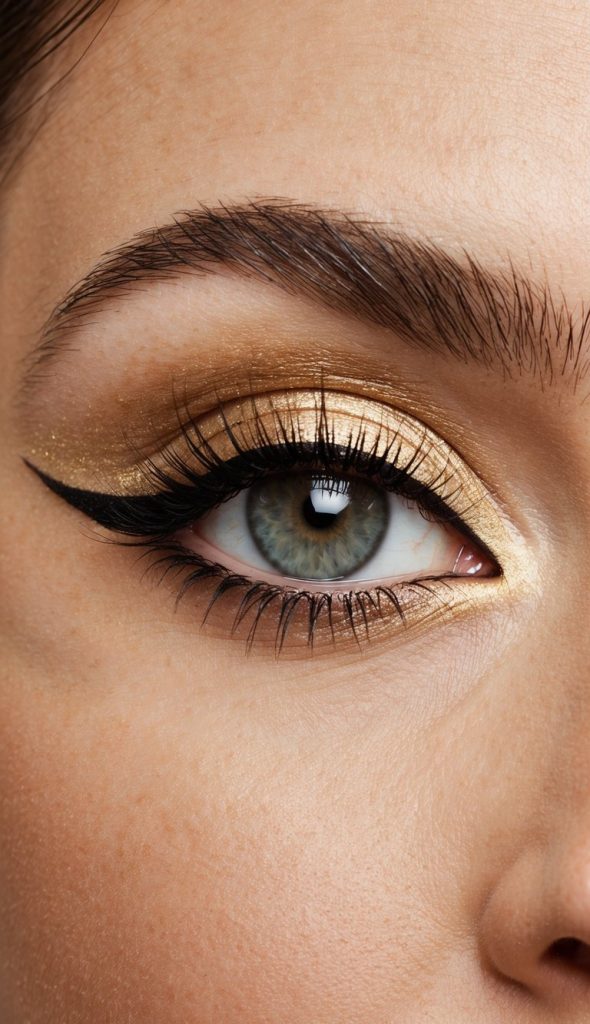 Close-up of a person's eye with gold eyeshadow and winged black eyeliner, highlighting blue irises and defined lashes.