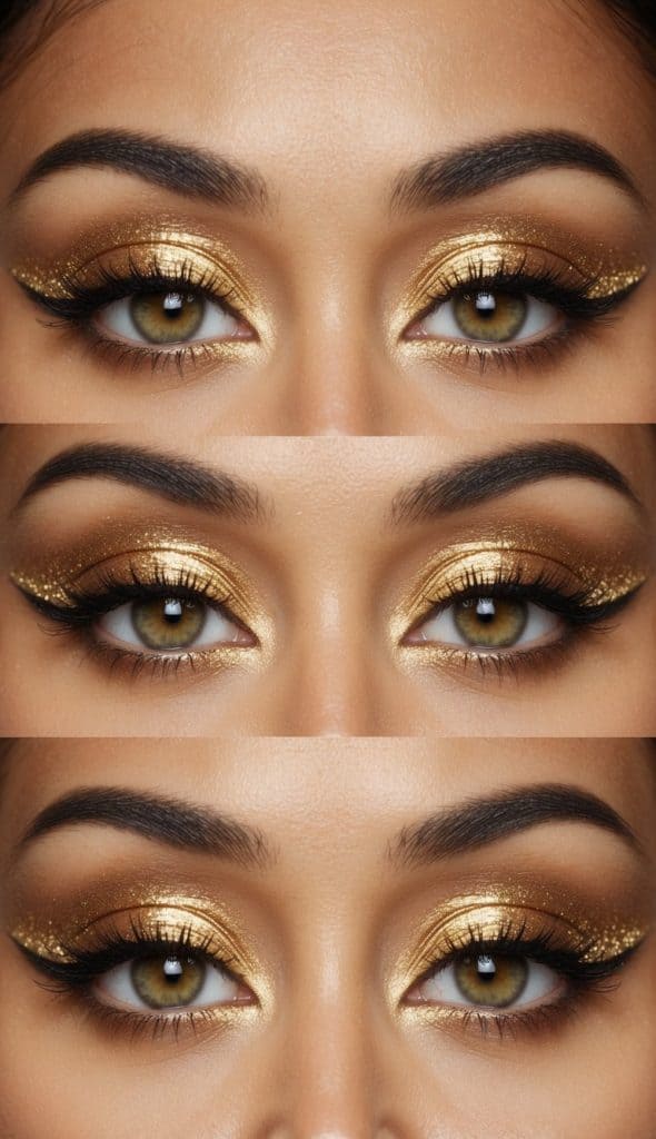 Close-up of eyes with dramatic golden eyeshadow and thick, arched eyebrows.