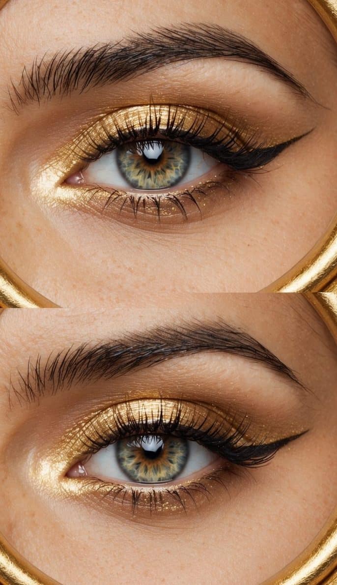 Close-up of an eye with gold metallic eyeshadow, thick lashes, and a decorative gold frame surrounding it.
