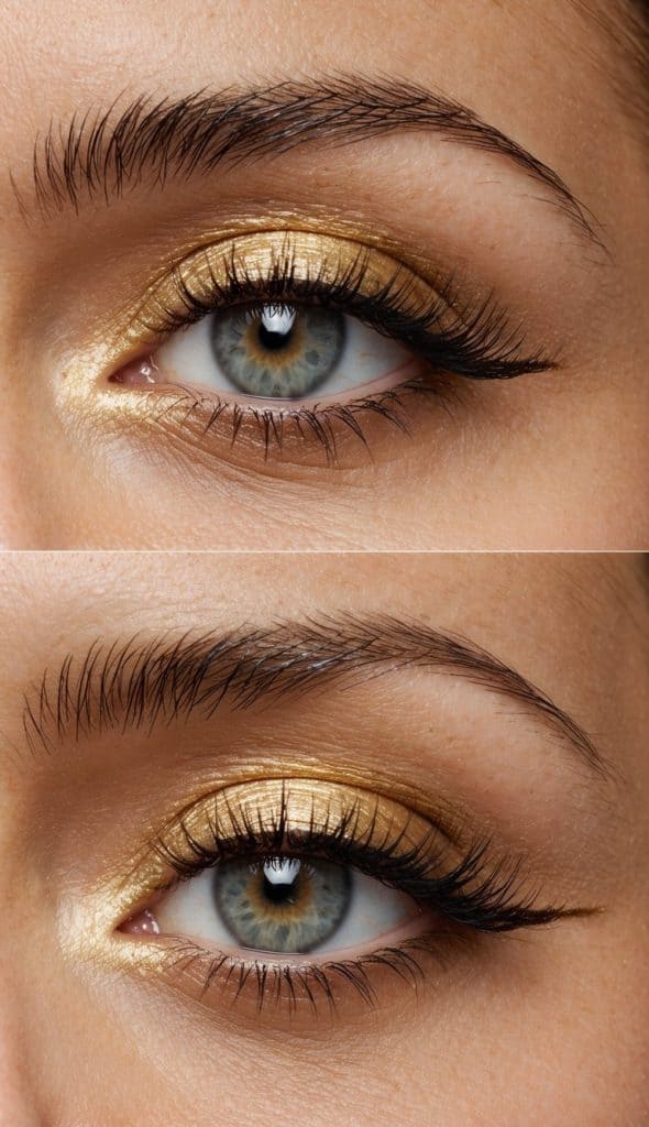 Close-up of an eye with blue iris and gold eyeshadow, showing eyelashes and eyebrow detail.