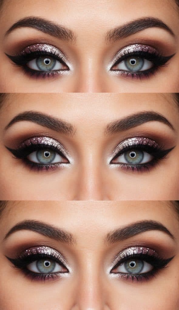 A series of three images showcasing the same pair of eyes with dramatic makeup. The eyes feature bold, sparkly eye shadow in shades of silver and purple, complemented by thick, black eyeliner and full lashes. The eyebrows are well-defined and arched.