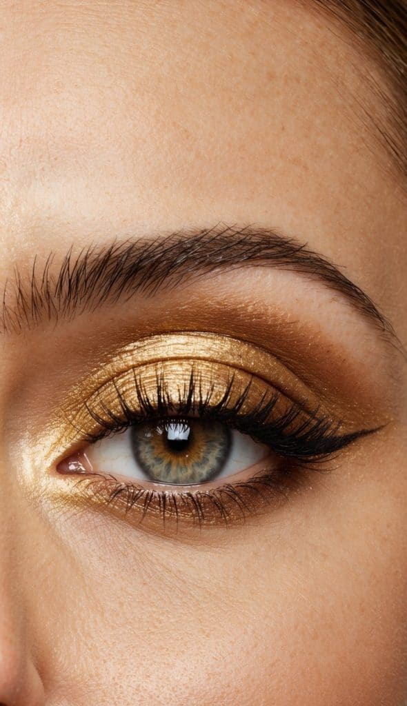 Close-up of an eye with golden metallic eyeshadow and winged black eyeliner applied on the upper lid, with thick lashes and well-groomed eyebrows.