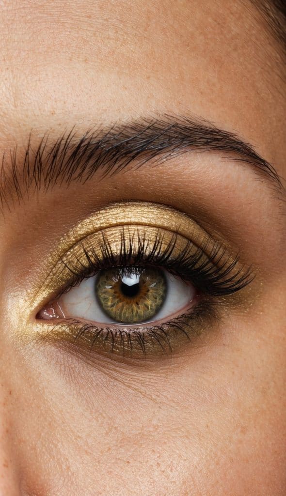 Close-up of an eye with greenish-brown iris, gold eyeshadow, and long eyelashes.