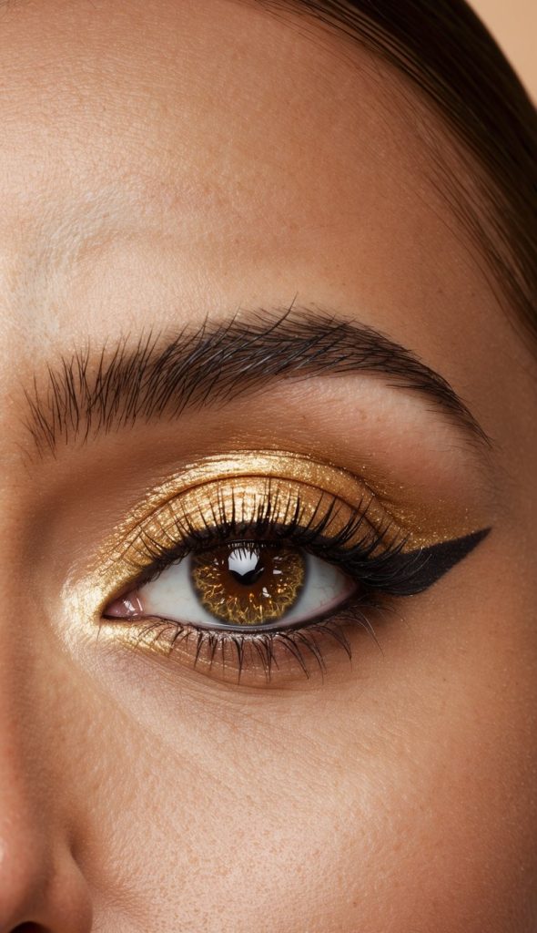 A close-up photo of a person's eye with gold metallic eyeshadow and black eyeliner, highlighting the lashes and brown iris.