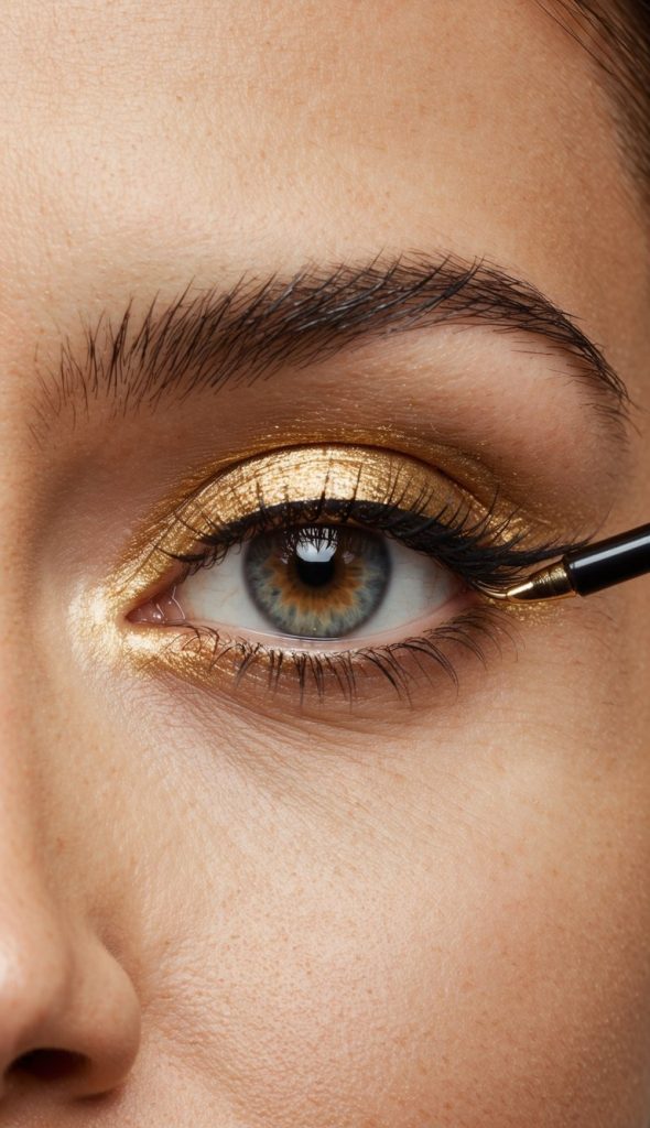 Close-up of an eye with gold eyeshadow and black liquid eyeliner being applied along the upper lash line.