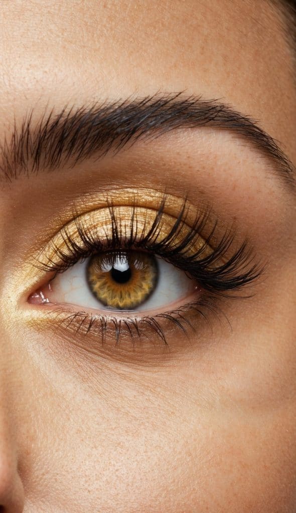 Close-up of an eye with gold eyeshadow and long, dark eyelashes, highlighting the warm brown iris.