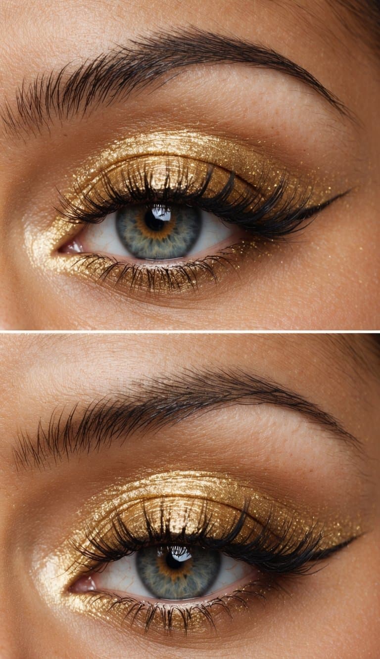 Close-up images of an eye with gold glitter eyeshadow and winged eyeliner.