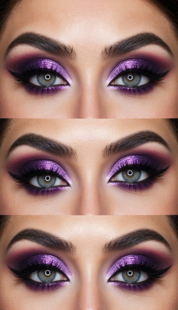 Close-up of eyes with dramatic purple eyeshadow, thick black eyeliner, and long lashes, showcasing a bold and vibrant makeup look.