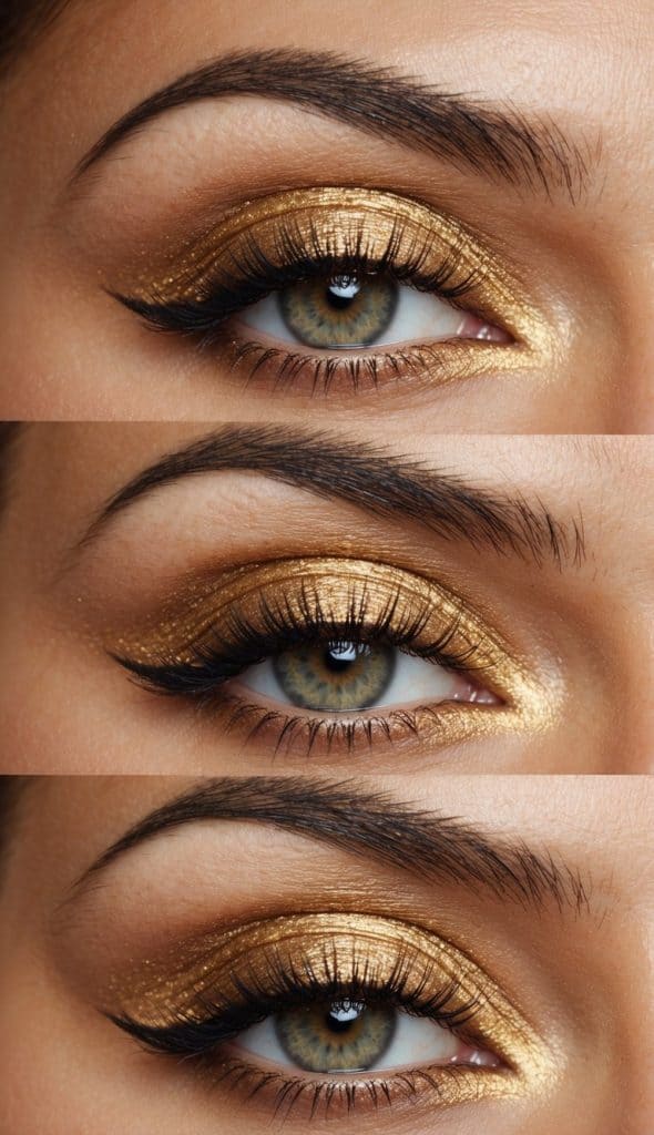 A close-up collage of an eye with gold eyeshadow, thick eyebrows, and long lashes, viewed from different angles.