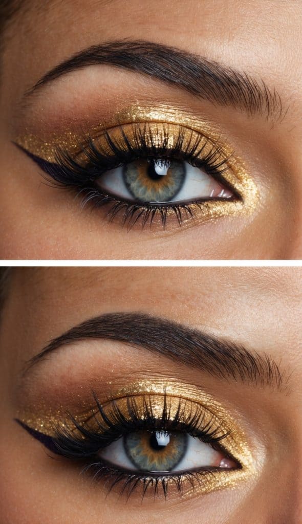 Close-up of an eye with blue-green iris featuring dramatic golden eyeshadow, long eyelashes, and a well-defined eyebrow.
