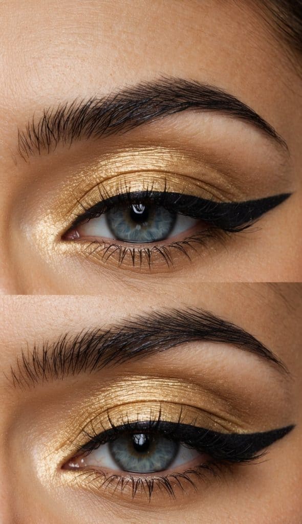 Close-up images of a person's eyes featuring bold makeup with gold metallic eyeshadow and sharp black eyeliner.