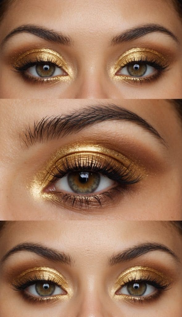 Close-up of eyes with shimmery gold eyeshadow and mascara, featuring well-defined eyebrows.