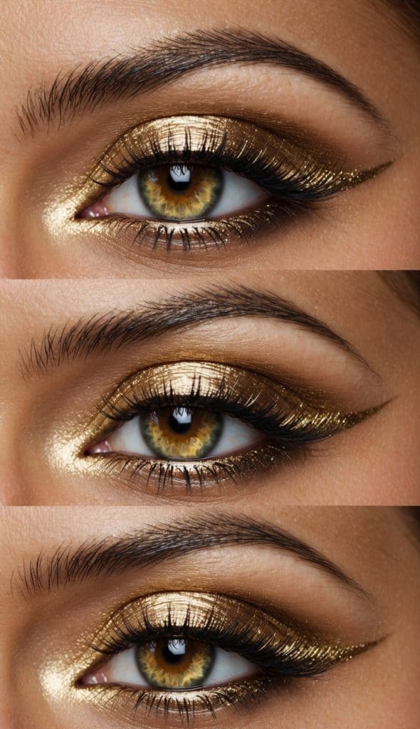 Close-up of three eyes, each adorned with dramatic gold eyeshadow and winged eyeliner, showcasing different angles and highlights of the eye makeup.