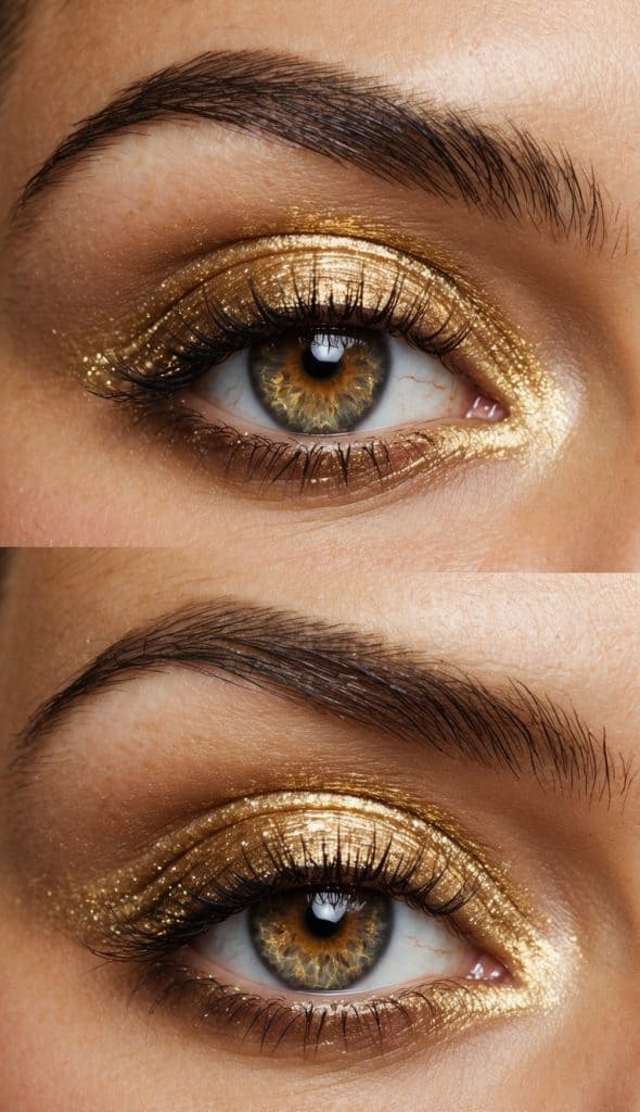 Two images of a human eye with intricate golden eye makeup and finely defined eyelashes and eyebrows.