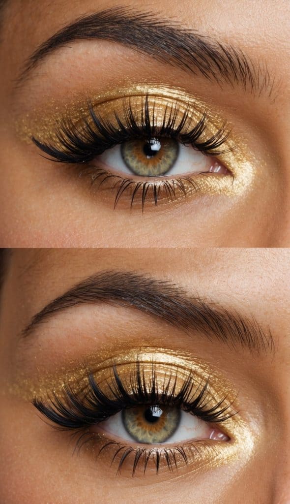 Close-up views of an eye with shimmering gold eyeshadow and long black eyelashes, showcasing detailed makeup application.