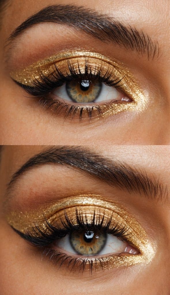 Close-up of an eye with gold glittery eyeshadow and black eyeliner applied, showcasing long eyelashes and neatly groomed eyebrows.
