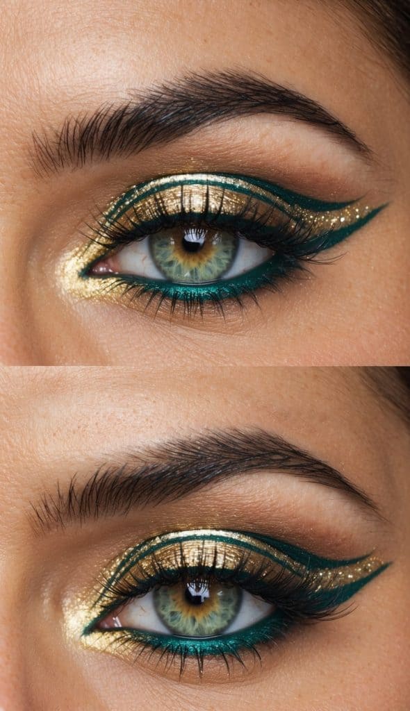 Close-up of a person's eye with dramatic gold and green makeup, featuring bold eyeliner and shimmering eyeshadow.