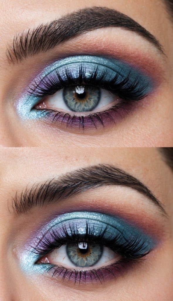 Close-up of two eyes with colorful makeup; top eye features a mix of blue and purple shimmer eyeshadow with dark eyeliner and false eyelashes, while the bottom eye shows a similar style with different lighting, highlighting blue, purple, and pink hues.