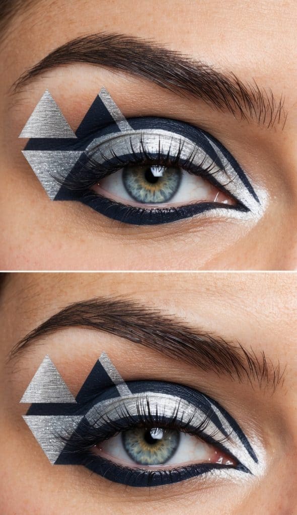 Close-up of an eye with artistic makeup featuring geometric patterns in silver and dark blue, accentuating the eyelid and extending towards the eyebrow and outer corner.