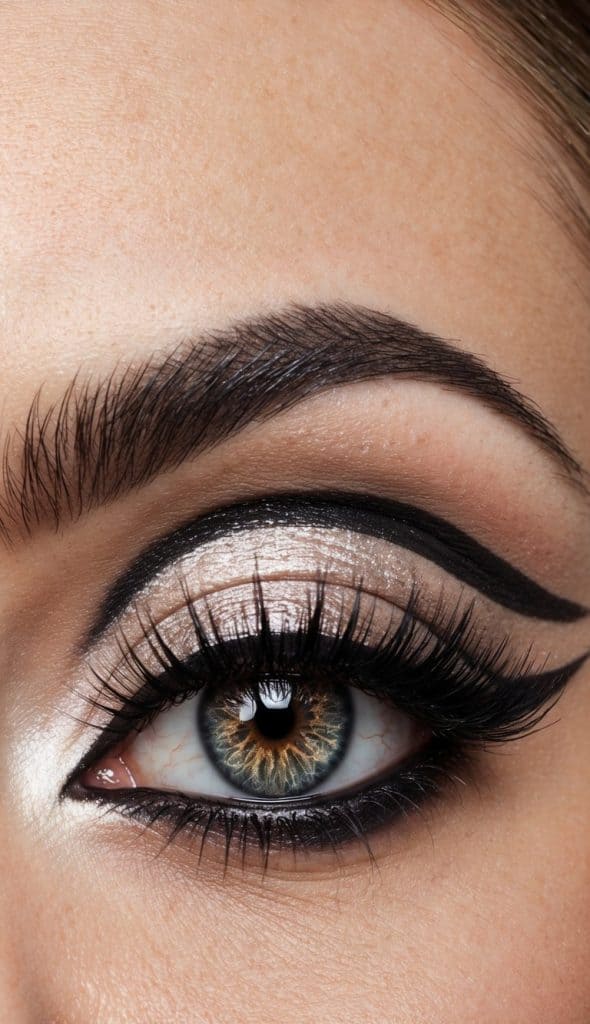 Close-up of an eye with dramatic makeup, featuring bold black eyeliner, shimmery silver eyeshadow, and long, thick eyelashes.