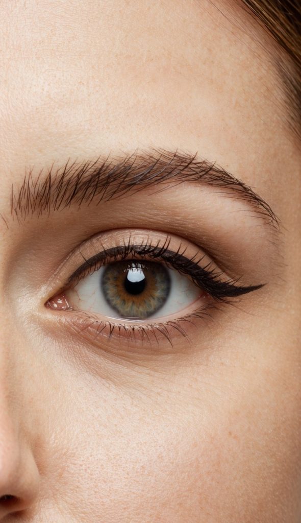 Close-up of a person's eye with brown iris, well-groomed eyebrow, and black eyeliner on the upper eyelid.
